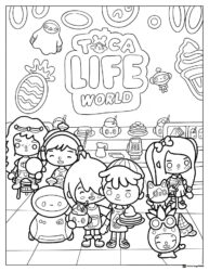 Toca Life World cafe scene with characters and food coloring page