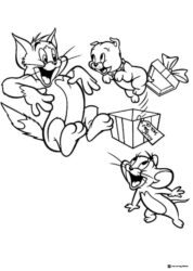 Tom Jerry and Spike with gifts coloring page