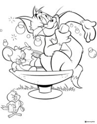 Tom and Jerry bathing with bird coloring page