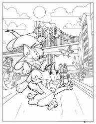 Tom and Jerry chasing in a city coloring sheet