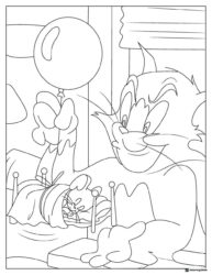 Tom and Jerry coloring page in bed with balloon