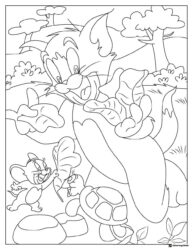 Tom and Jerry coloring page with a turtle and butterfly