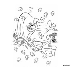 Tom and Jerry playing tennis with many balls coloring page