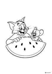 Tom and Jerry sharing a watermelon slice coloring page