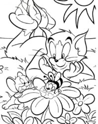 Tom and Jerry with a bee on a flower coloring page