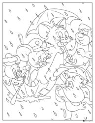 Tom and friends in the rain with umbrellas coloring page