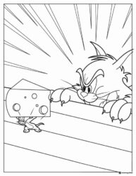 Tom chasing Jerry with a cheese wedge coloring page