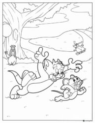 Tom chasing Jerry with other characters in background coloring sheet