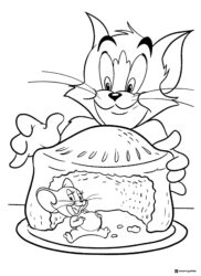 Tom covering Jerry eating pie in a coloring page