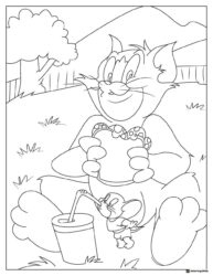 Tom eating a sandwich Jerry drinking from straw coloring page