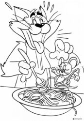 Tom eating spaghetti with Jerry in the bowl coloring page