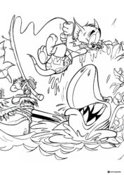 Tom fishing a large fish Tom and Jerry coloring page