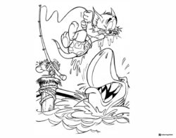 Tom fishing a large fish from a pier coloring page