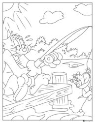 Tom fishing from a dock with Jerry beside him coloring sheet