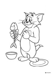 Tom holding a fish skeleton with bowls coloring page