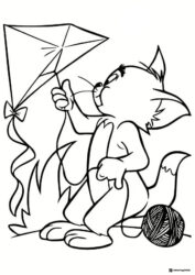 Tom holding a kite with yarn beside him coloring page