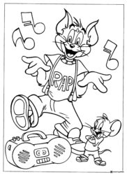 Tom rapping with Jerry and a boombox coloring page