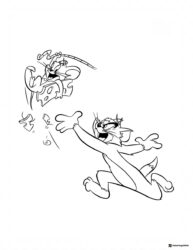 Tom reaching for cheese flying Jerry coloring page