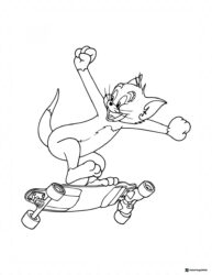 Tom riding a skateboard with arms up coloring page