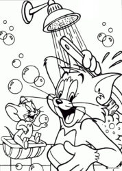 Tom showering with Jerry and bubbles coloring page