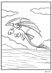 Toothless dragon flying over water coloring page