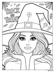 Trick or Treat Barbie Coloring Page with Witch Hat