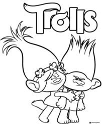 Trolls Branch and Poppy hugging coloring page
