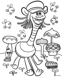 Trolls Cooper with hat forest critters and mushrooms coloring