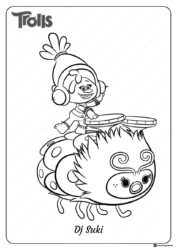 Trolls DJ Suki on a bug playing music coloring page