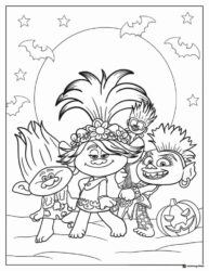 Trolls Halloween scene with bats and pumpkin coloring