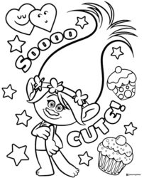 Trolls Poppy hearts and cupcakes coloring page
