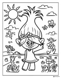 Trolls Poppy in a field with butterflies coloring