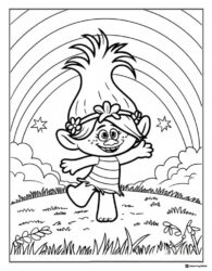 Trolls Poppy under a rainbow in a field coloring page