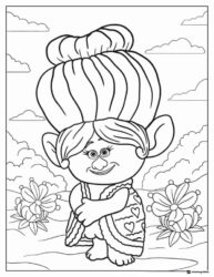 Trolls Poppy with flowers and clouds coloring sheet