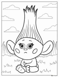 Trolls baby sitting in grass looking sad coloring