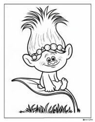 Trolls baby sitting on a leaf with a happy face