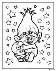 Trolls character hugging small creature with stars