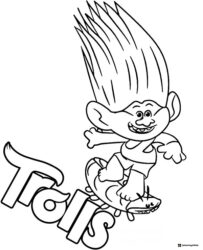 Trolls character surfing with Trolls text coloring