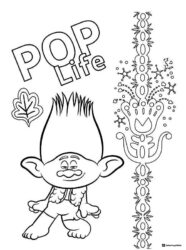 Trolls character with Pop Life and decorative border coloring