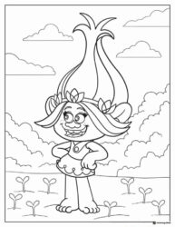 Trolls character with flower headband in a field coloring