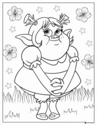 Trolls character with pigtails among flowers and stars