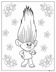 Trolls character with thumb up surrounded by flowers