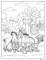 Trolls characters walking through a vibrant forest scene