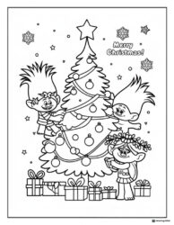 Trolls decorating a Christmas tree coloring page