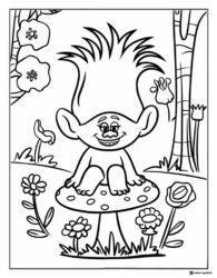 Trolls on a mushroom in a forest coloring sheet