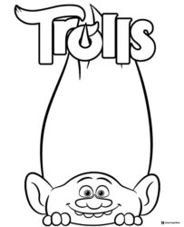 Trolls title with happy Troll peeking coloring page