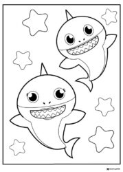 Two Baby Sharks coloring page swimming with stars