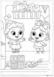 Two Cocomelon girls playing with ABC blocks coloring sheet
