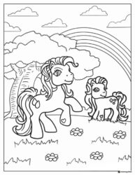 Two G1 Ponies by tree and rainbow coloring page