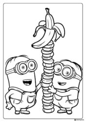 Two Minions Coloring Page with Banana Pole
